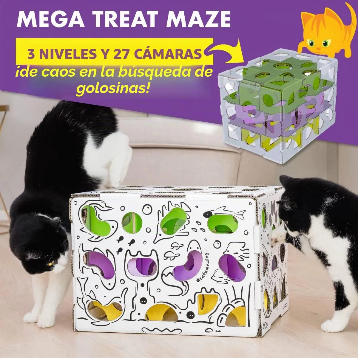 Cat Amazing Mega - Caja de Rompecabezas para Gatos - Laberinto Interactivo de golosinas - Comedero para Gatos - Caja de golosinas para Gatos de Interior - Juguete de enriquecimiento de Alimentos - El