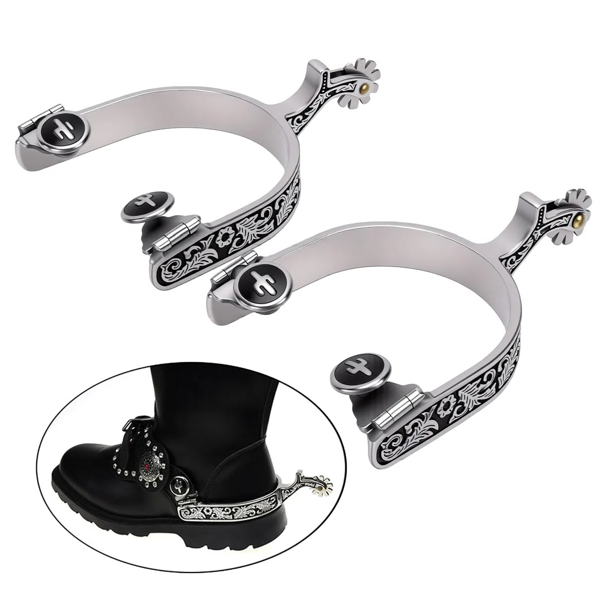 HEEPDD Espuelas Vaqueras del Oeste Talladas a Mano con Diseño Floral, Espuelas de Cowboy con Rueda Giratoria, for Equitación y Estilo Western