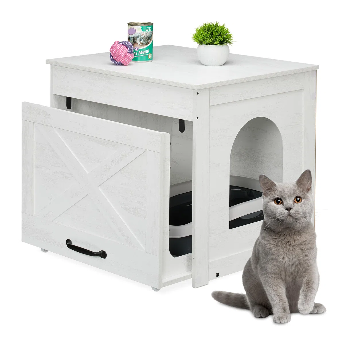 Relaxdays Mueble Arenero de Gato, para Esconder el Aseo Felinos, Cajón Extraíble, 53,5 x 60 x 51,5 cm, Blanco/Gris