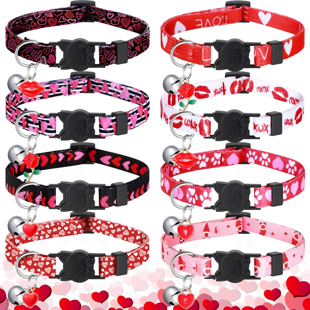 Huhumy 8 collares de gato de San Valentín ajustables con campana collares de gato con hebilla de plástico regalo para gatitos, mascotas, cachorros y perros