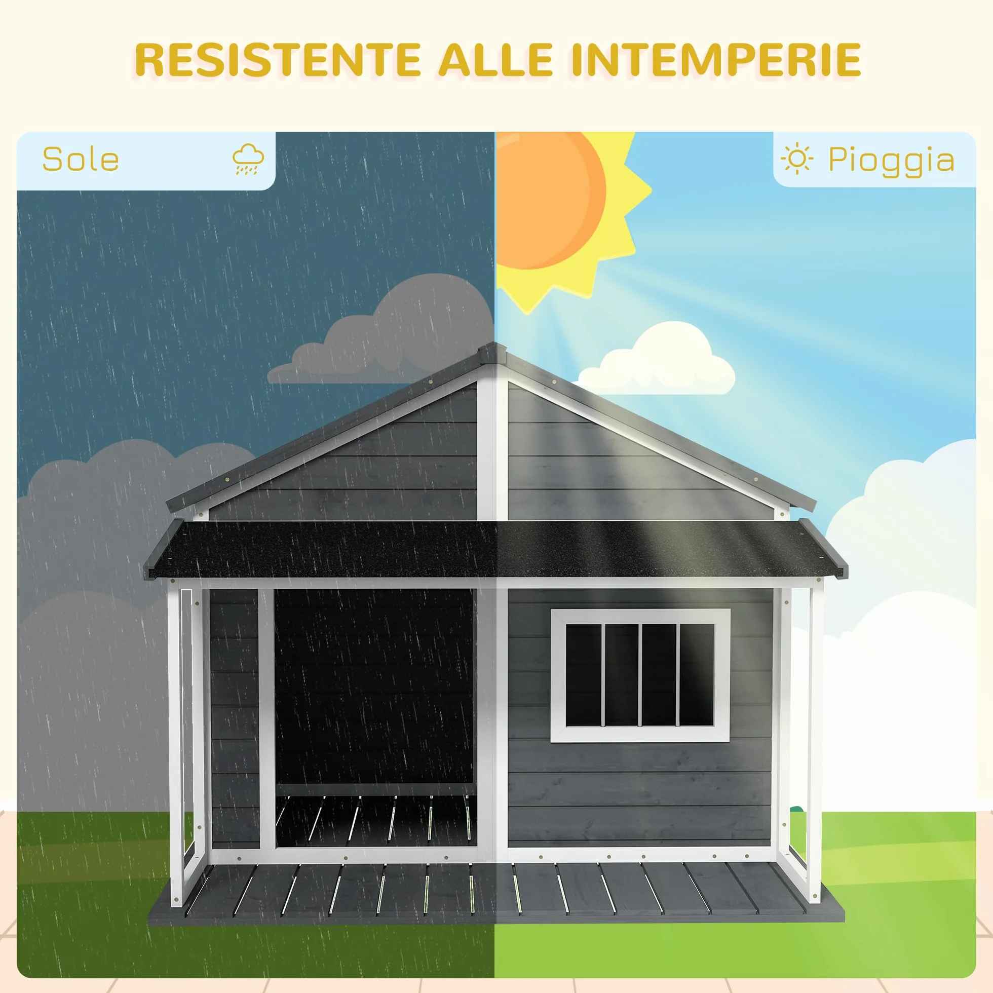 PawHut caseta de Madera para Perros de Exterior, caseta para Perros medianos y pequeños con terraza, Ventana y Techo Impermeable, 124x112x105cm, Gris | Techo de betún, caseta para perros de madera maciza, ventana, terraza