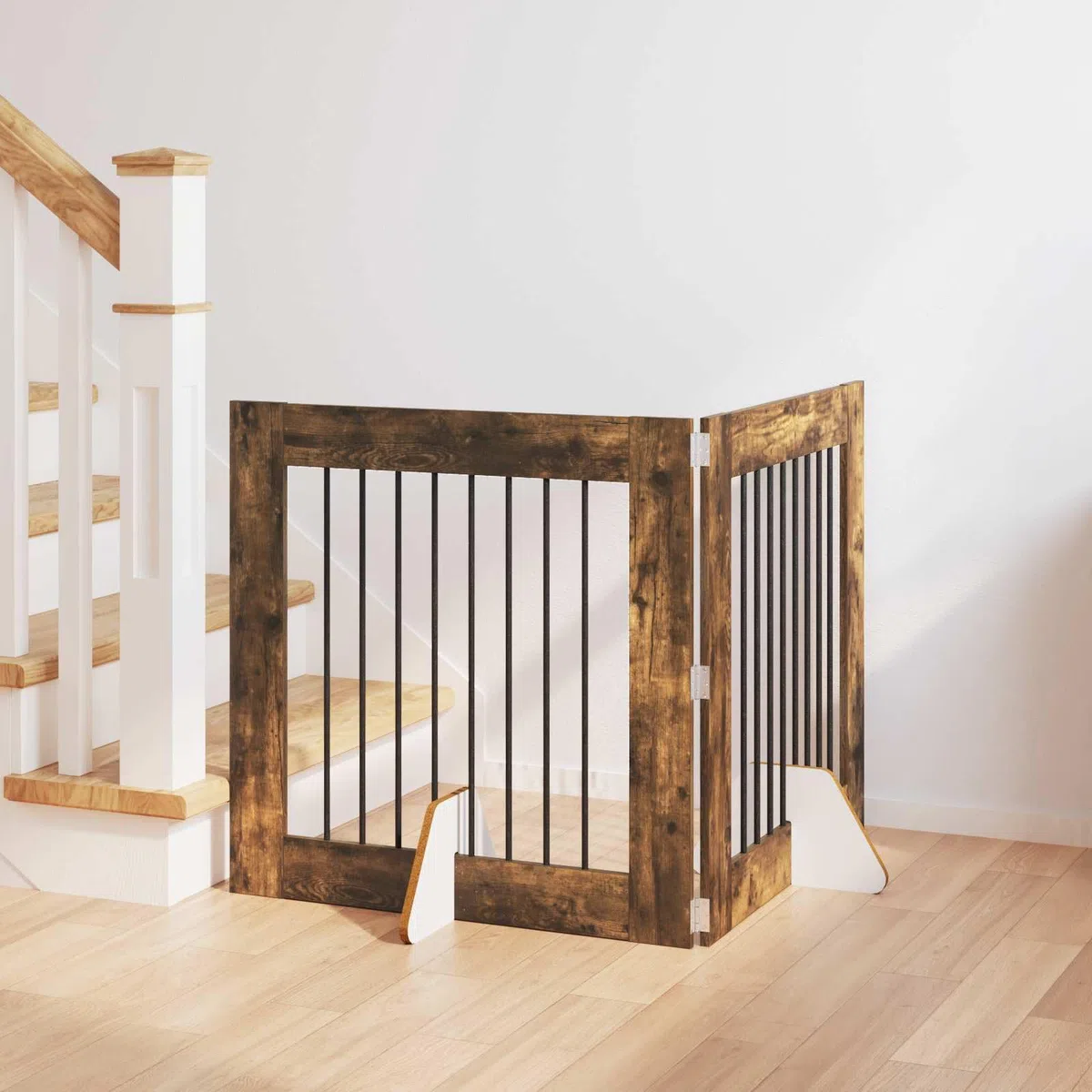 Portería para perros con soporte, 2 piezas de roble ahumado, 80 x 80 cm, plegable, portátil, interior y exterior, resistente, seguro para cachorros y perros protección de entrenamiento