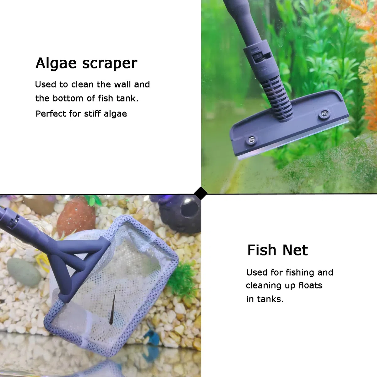 AQUANEAT Herramientas de limpieza de peceras, herramientas de limpieza de acuarios 6 en 1, incluyendo raspador de algas, almohadilla de esponja, red de peces, rastrillo de grava y cepillo de limpieza