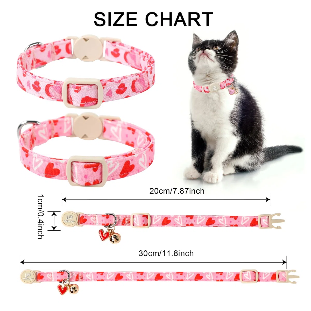 Collar De Gato, Paquete 2 Collares Gatito Para El Día San Valentín, Lindo Gato Con Campana, Corazón Corazones Rosados, Gatito, Rojo