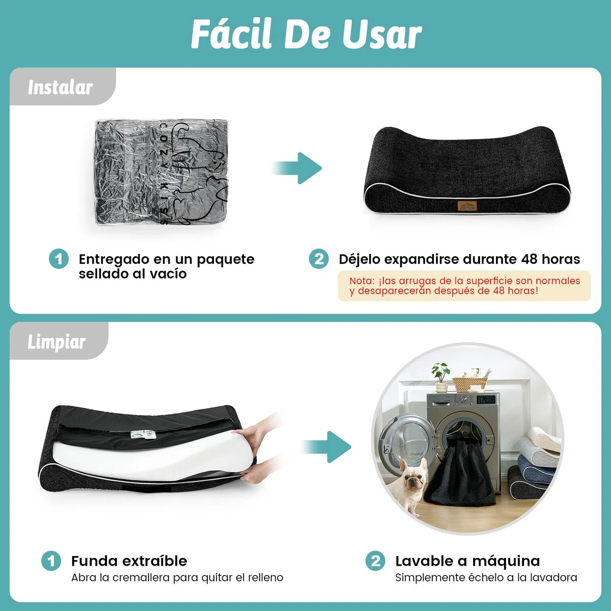 COZY KISS Cama para Perros Lavable, 129x91x20cm, con Borde Elevado - Colchón Ortopédico para Perros en Forma de Barco, Impermeable y Antideslizante, Adecuada para Mascotas hasta 64kg, Negro