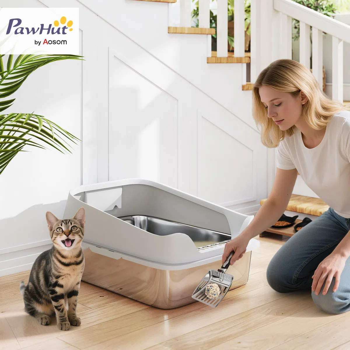 PawHut Arenero para Gatos de Acero Inoxidable XL, 60,2x40,2x29,7 cm, Gris | Caja de Arena para Gatos, Arenero con Borde Alto, Pala Metálica, Fácil de Limpiar, Prueba de Fugas
