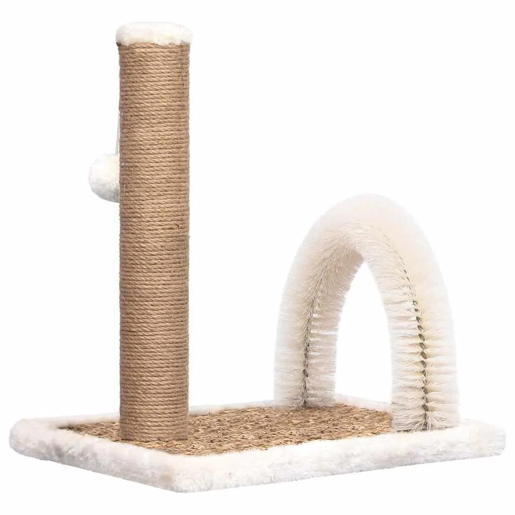 Árbol para gatos con arco para el cuidado del pelo, columna rascadora pequeña, color marrón | Accesorio compacto para gatos para el salón con cepillo de masaje y tronco rascador de algas marinas.