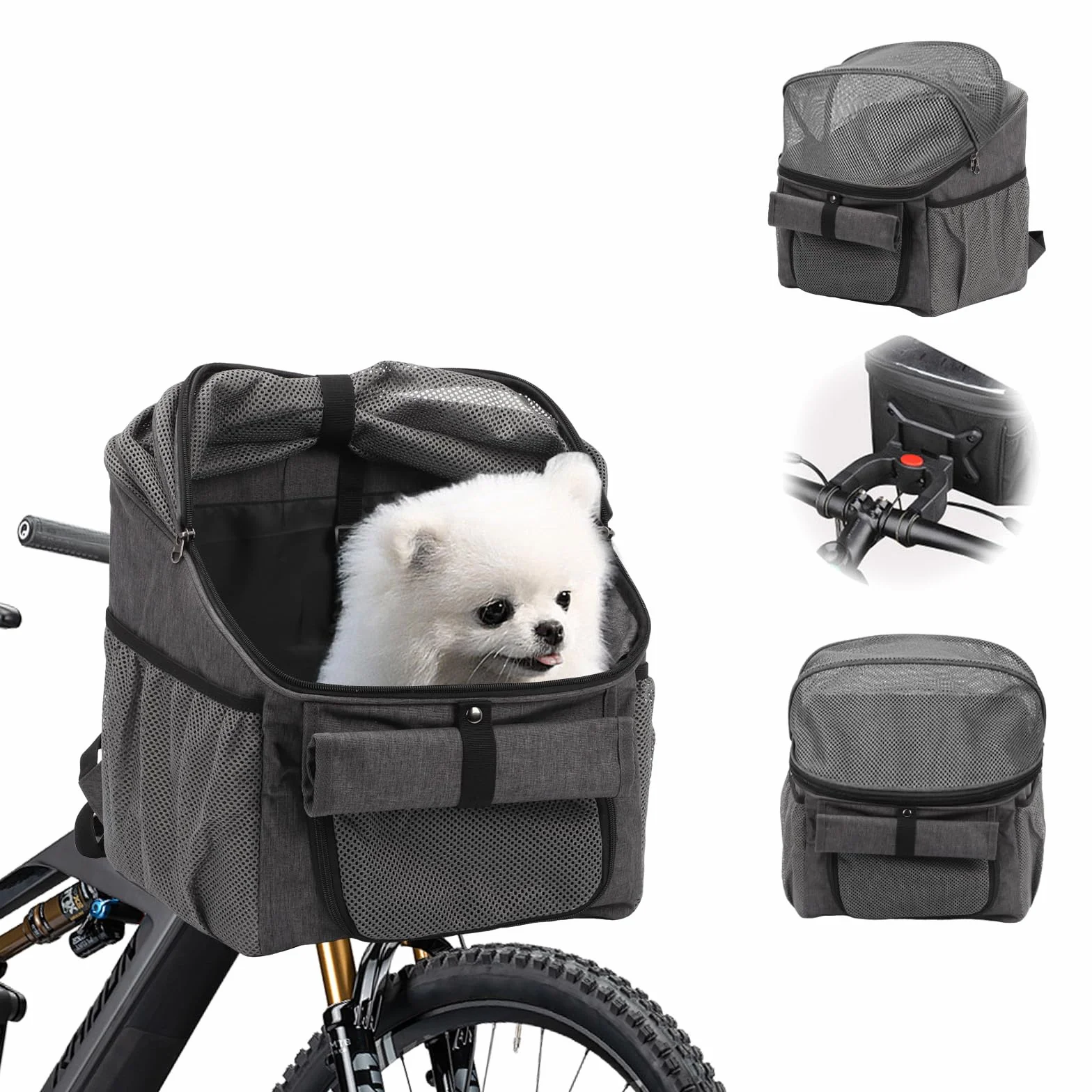 Cesta de bicicleta para mascotas con adaptador de manillar, cesta frontal plegable, bolsa de mochila para gato y perro con correa