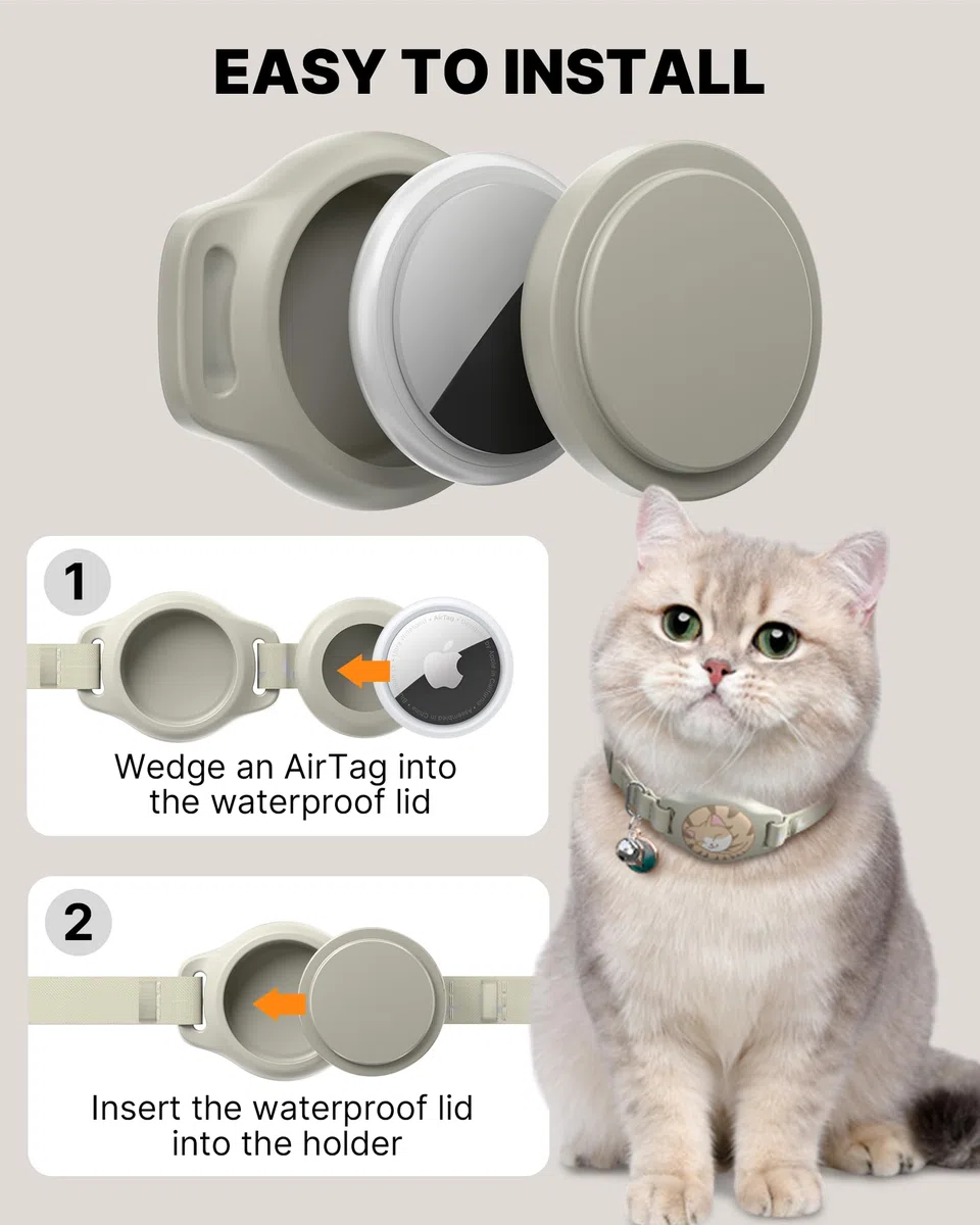 Collar de gato con soporte para Airtag, collar de gato Breakaway Airtag para Apple Air Tag con patrón luminoso y reflectante, collares GPS impermeables para niños y niñas, gatos con campana, caqui