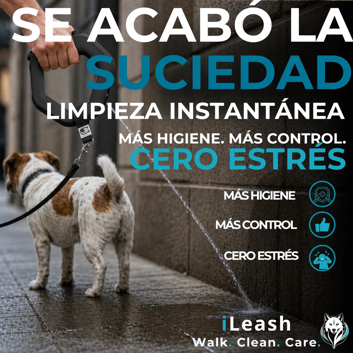 Correa para perros con pulverizador integrado iLeash – Depósito de agua de 85 ml, cuerda de 1 m incluida, para limpiar orina y orinar perro de paseo, antiolores, higiene urbana, sin botellas
