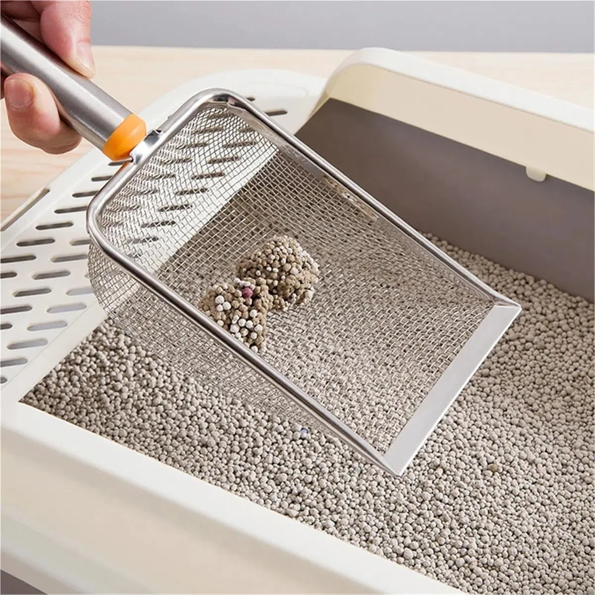 Pala de arena para gatos de malla fina de acero inoxidable, pala antiadherente fácil de limpiar para arena de reptiles (2,8 x 2,8 mm, naranja)