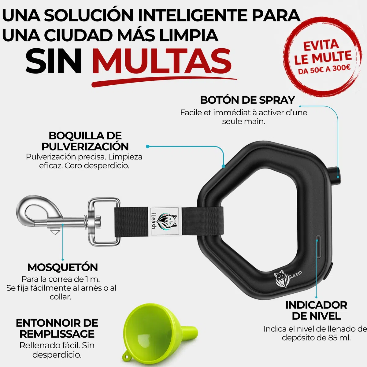 Correa para perros con pulverizador integrado iLeash – Depósito de agua de 85 ml, cuerda de 1 m incluida, para limpiar orina y orinar perro de paseo, antiolores, higiene urbana, sin botellas