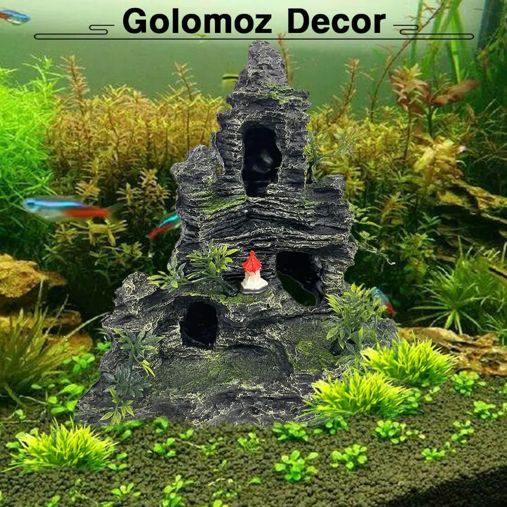 Decoraciones de acuario grandes y altas, decoraciones de acuario grandes para decoraciones de peceras, adornos de pecera, adornos de piedra con vista a la montaña, adorno de árbol, cueva de