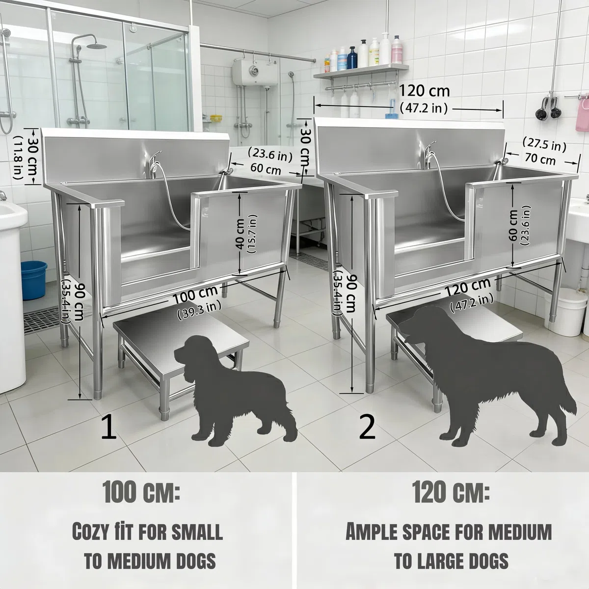 Genérico Bañera Profesional para Perros de Acero Inoxidable – con Puerta Corredera, Escalera y Grifo Extraíble Alfombrilla Antideslizante-Bañeras Profesionales para Perros