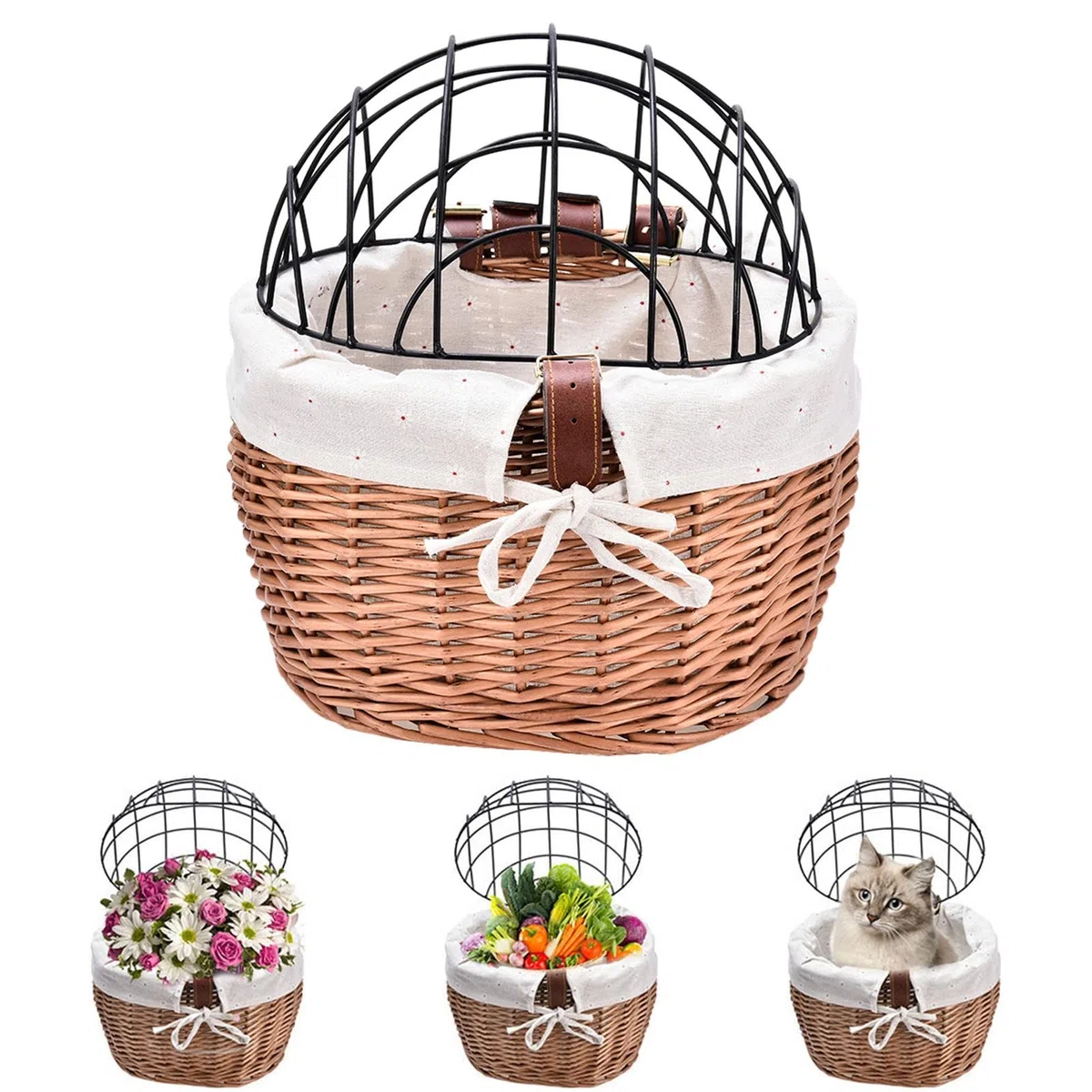 Cesta de bicicleta para perro, cesta de mimbre transpirable para mascotas con marco de hierro, cesta frontal de mimbre desmontable para perros pequeños para gatos y perros pequeños