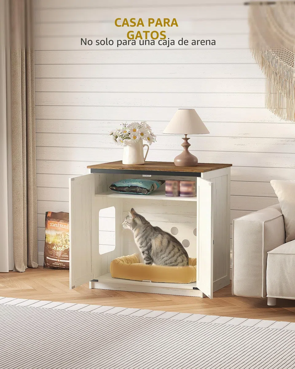 Hzuaneri Arenero para Gatos, Armario Oculto con Espacio de Almacenamiento, Caseta con Imanes, Estilo Rústico, 80 x 50 x 79,5 cm, Apto para Pasillo y Dormitorio, Blanco Marrón CB85414X