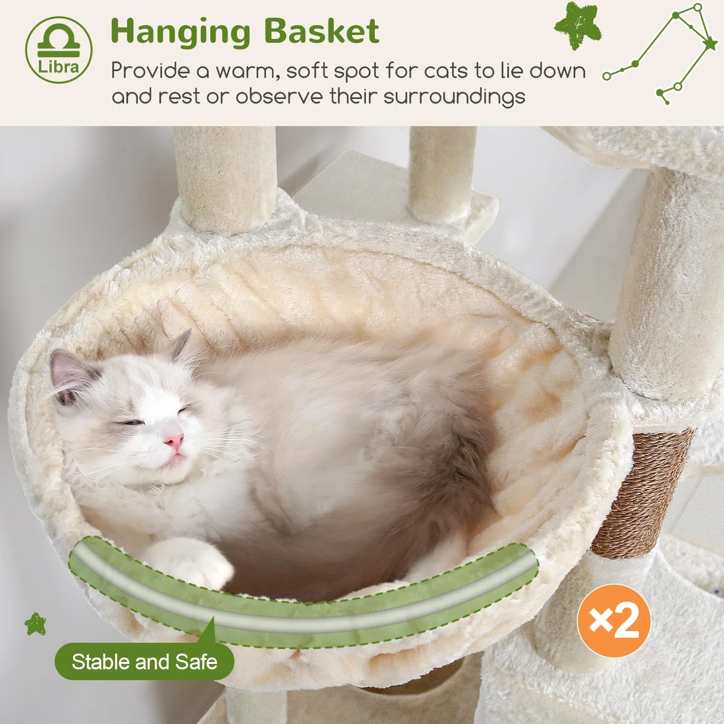 Globlazer Árbol Rascador Beige XXL Alto 200 cm con 2 Grandes Nidos, 2 Grande Plataformas, 2 Tabla Rascar Sisal, 2 Cesta, Estable Árbol Torre para Grande Gato 3-5 Adulto Gatos Más de 7 kg (Z78, Beige)