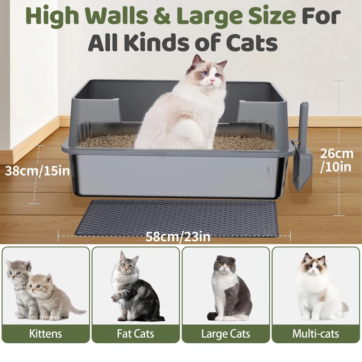 Gimars Arenero Acero Inoxidable Gatos XL 58x38x26cm, arenero Gato Acero Inoxidable 35L, Bandeja de Arena fácil de Limpiar y sin olores, Sanitaria a Prueba de Fugas con Pala y Alfombrilla