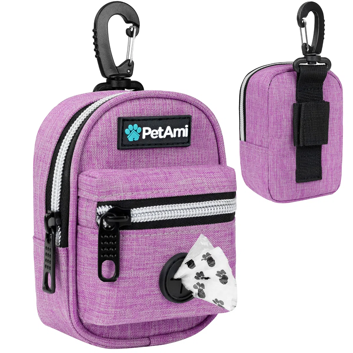 PetAmi Soporte para bolsas de excrementos de perro, dispensador de bolsas de basura para mascotas con clip para perros, accesorios para caminar, viajes, camping, bolsa de golosinas para perros,