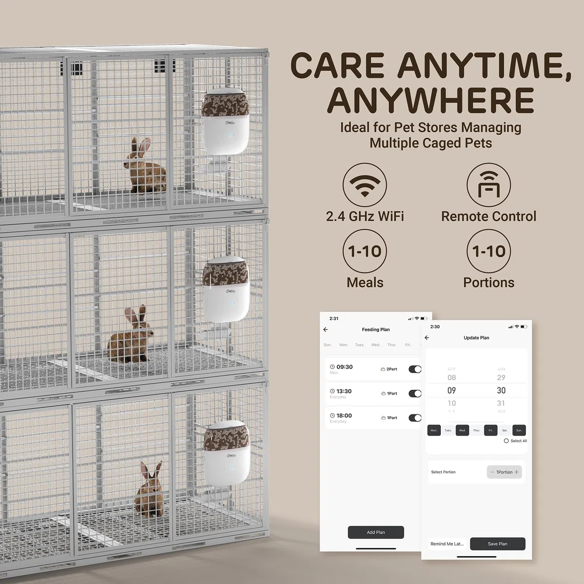 iPettie Smart WiFi - Comedero colgante para conejos, gatos, perros y hámsteres, perfecto para tiendas de mascotas, control remoto y de porciones, alimentación programada, capacidad de 66 onzas,