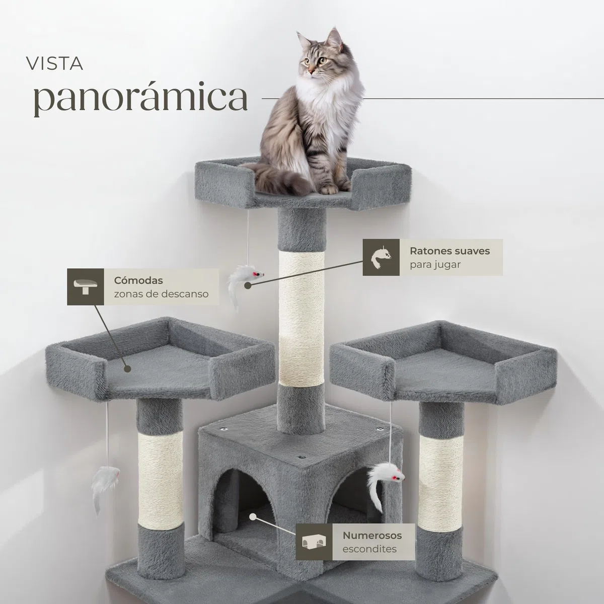 TecTake® Árbol para gatos Rascador para gatos de sisal H170 cm, Juegos para gatos Apartamento Accesorio Rascador Nido Cama Cesta Cama para gatos Juego de ratón Escalera