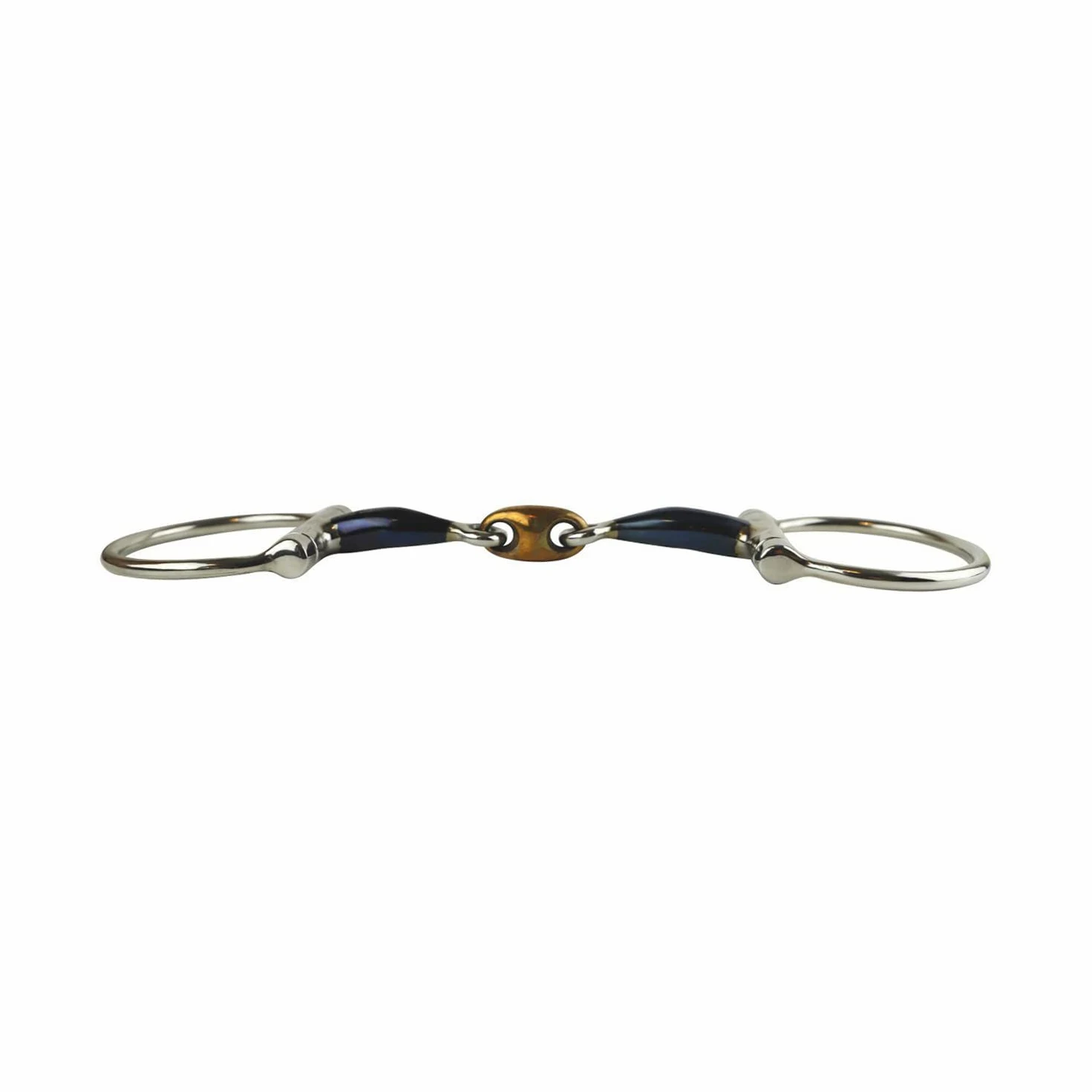 AK - Pastilla de hierro con anillo en D, doble articulación, con puntas de caballo Cooper (5.75 pulgadas, azul y plateado)