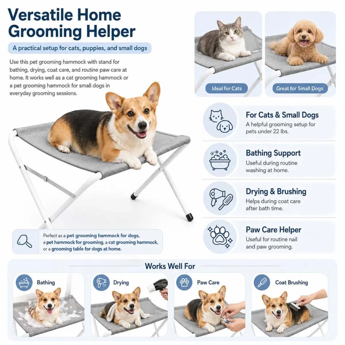 Silla para Bañar Perro Correa Ajustable para Sujetar A La Mascota Hamaca para Mascotas Estructura Sólida Amaca per Toelettatura Cani Recorte Diario De Uñas,Baños,Gray