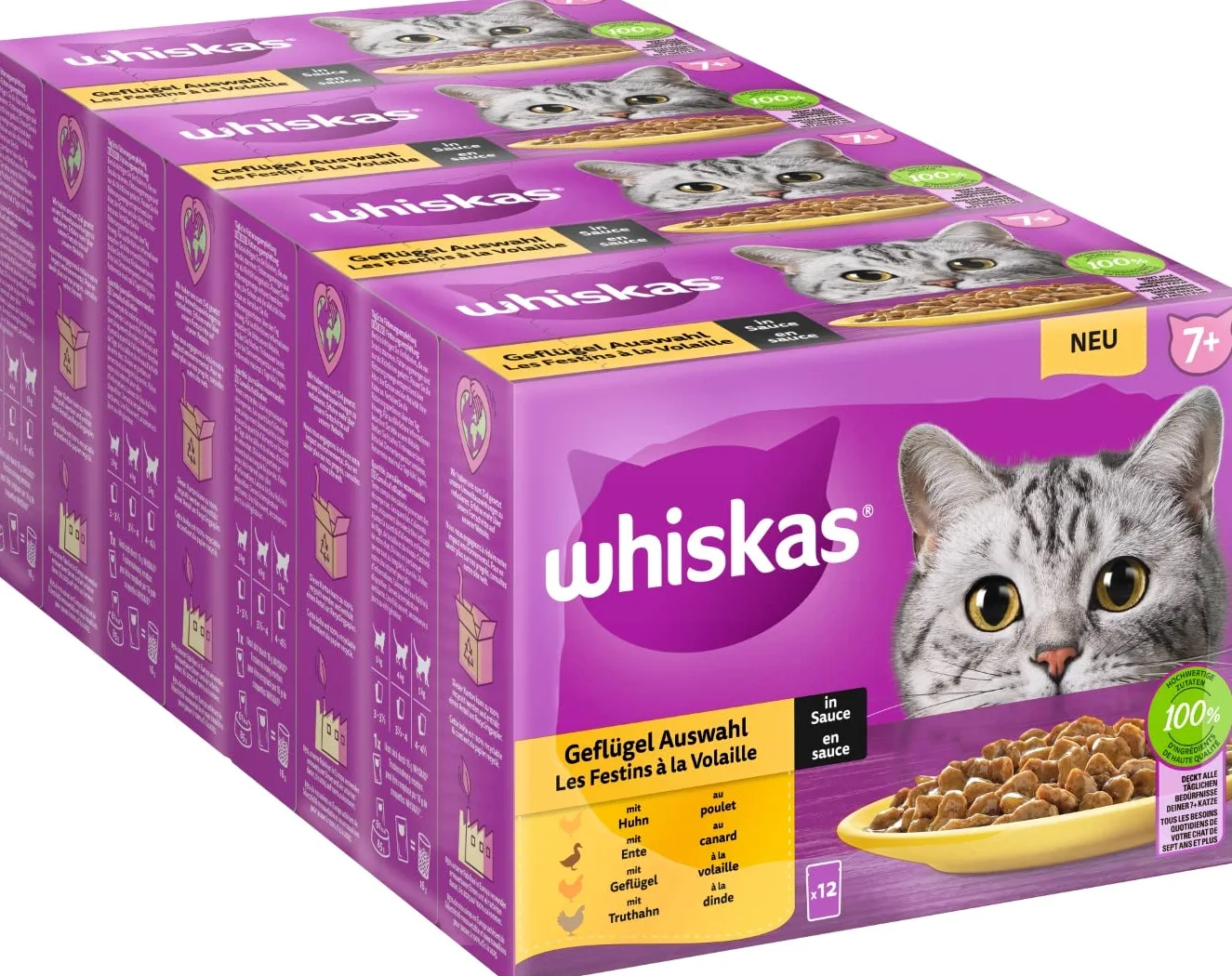Whiskas 7+ Comida para Gatos de Aves de Corral en Salsa, 12 x 85 g (4 Paquetes) – Comida húmeda Partir de los 7 años de Edad en 48 Bolsas de porciones
