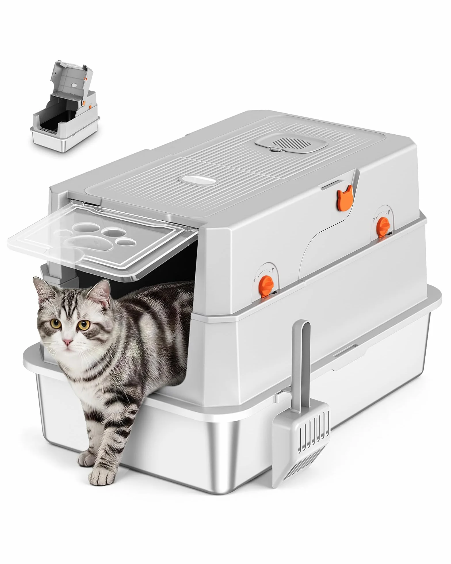 Arenero Gato Acero Inoxidable, Areneros Gatos Cubierto Grandes XXL con Pala, Caja de Arenero Cerrada para Gato, WC Gatos con Tapa Abatible, Fácil de Limpiar la Arena, Sin Olores y Fácil de Limpiar