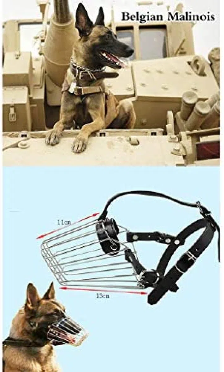 Bozal para Perro Basket para Perros Grandes, Máscara De Metal De Acero Inoxidable para Perros De Compañía, Correas De Cuero Ajustables para Pastor Alemán Belga Malinois,Malinois Belga,Constructive