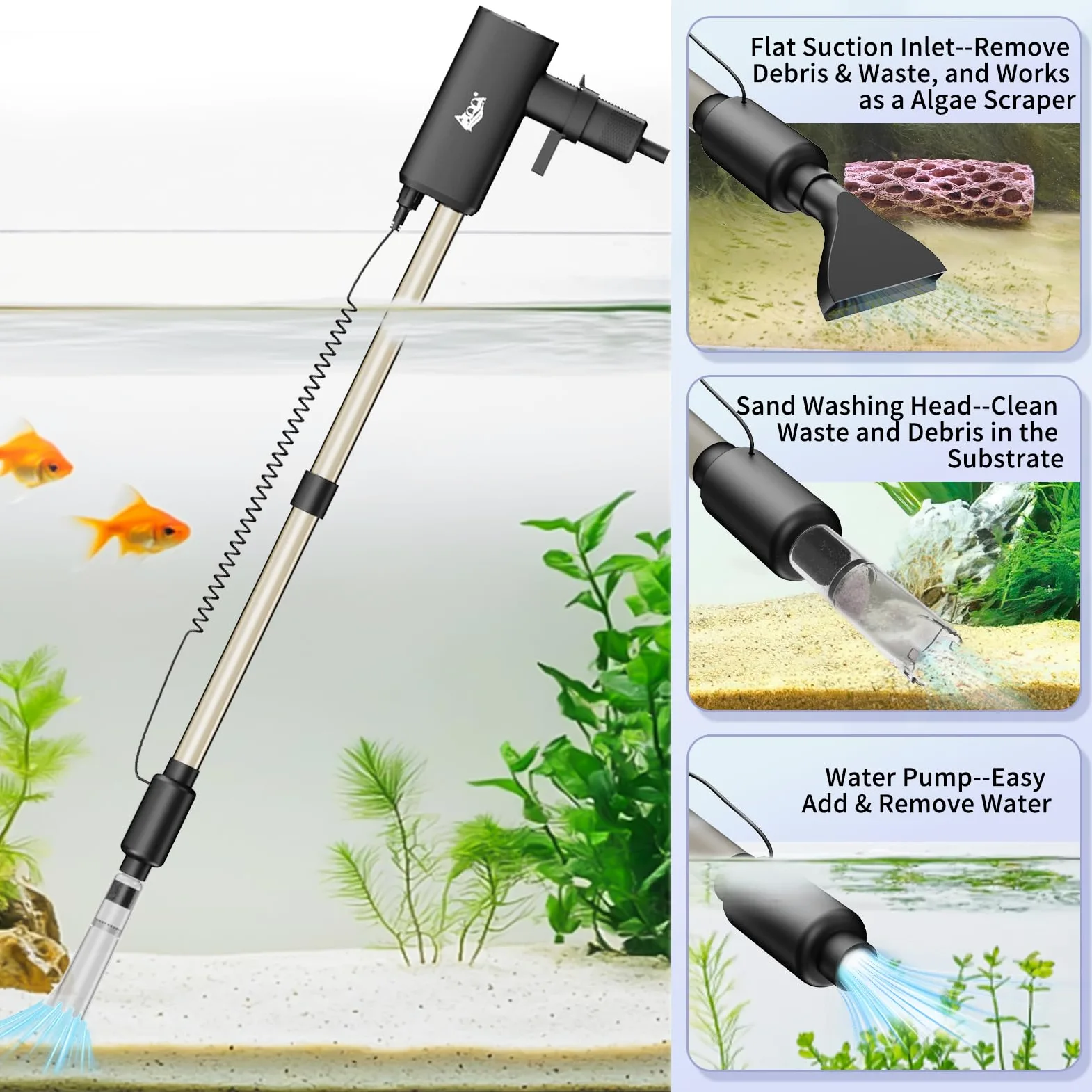 AQQA Limpiador de grava al vacío para acuario, 20 W, eléctrico, recargable, herramientas para cambio automático de agua, limpieza de desechos y lavado de arena, fuerte succión con 4 velocidades