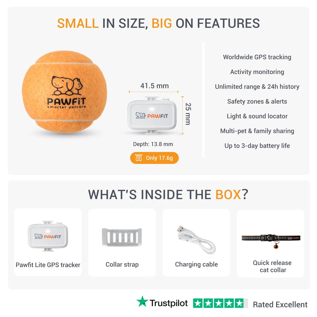 Pawfit Lite for Cats - Rastreador GPS 4g | Seguimiento en tiempo real | Monitoreo de actividad | Historial de ubicaciones | Alcance ilimitado | Collar de seguridad incluido | Simplemente blanco