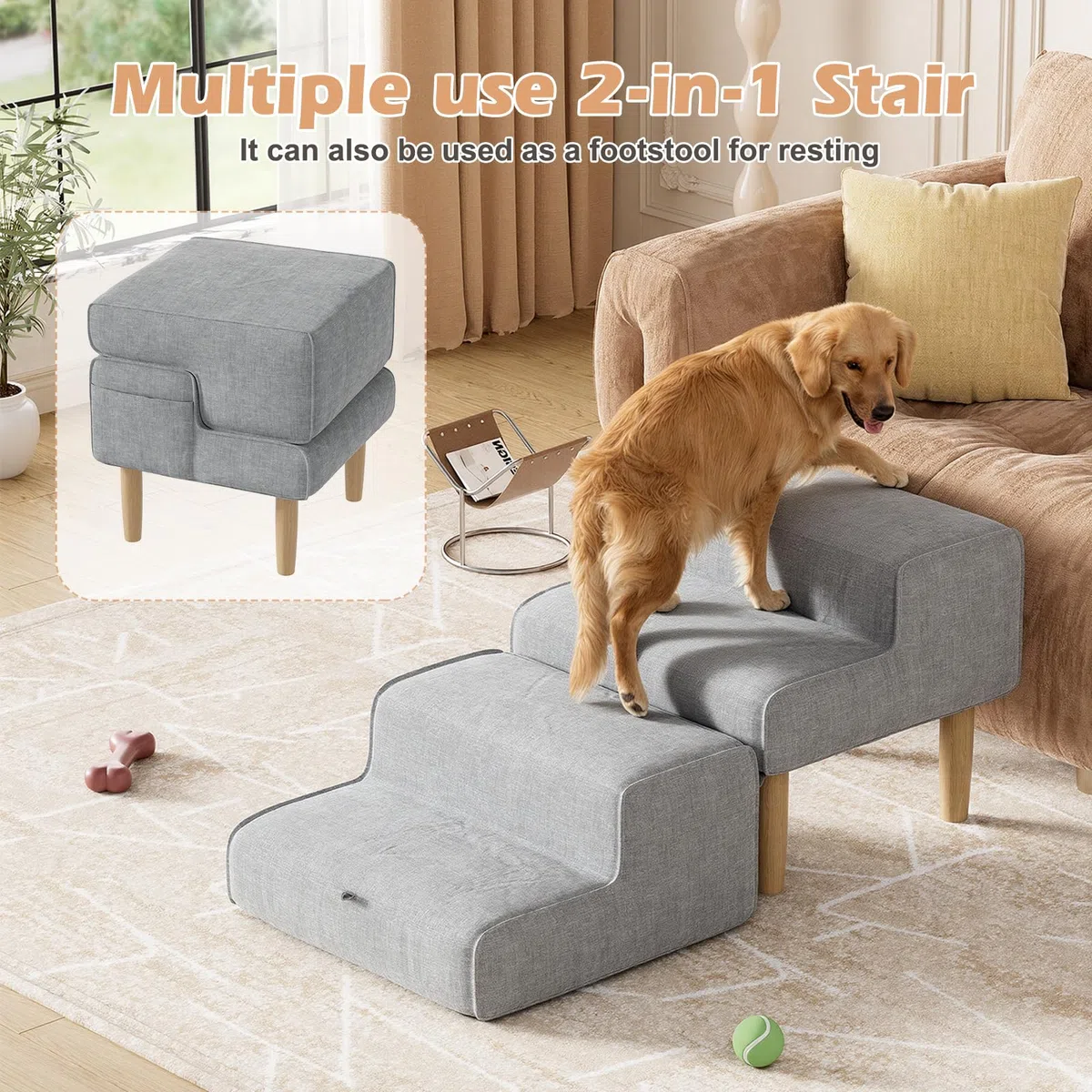 Escalera para Perros de 4 Peldaños, 2 en 1 Rampa para Perros Plegable, Escalera Perro Antideslizante – Escalones o Taburetes, para Sofá y Cama, Cachorros Pequeños y Grandes, Gris