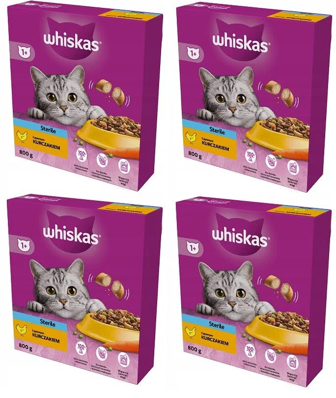 Whiskas Alimento seco estéril para adultos 1+ con pollo en caja, 4 x 800 g (4 paquetes) - Alimento seco para gatos esterilizados para adultos o gatos castrados