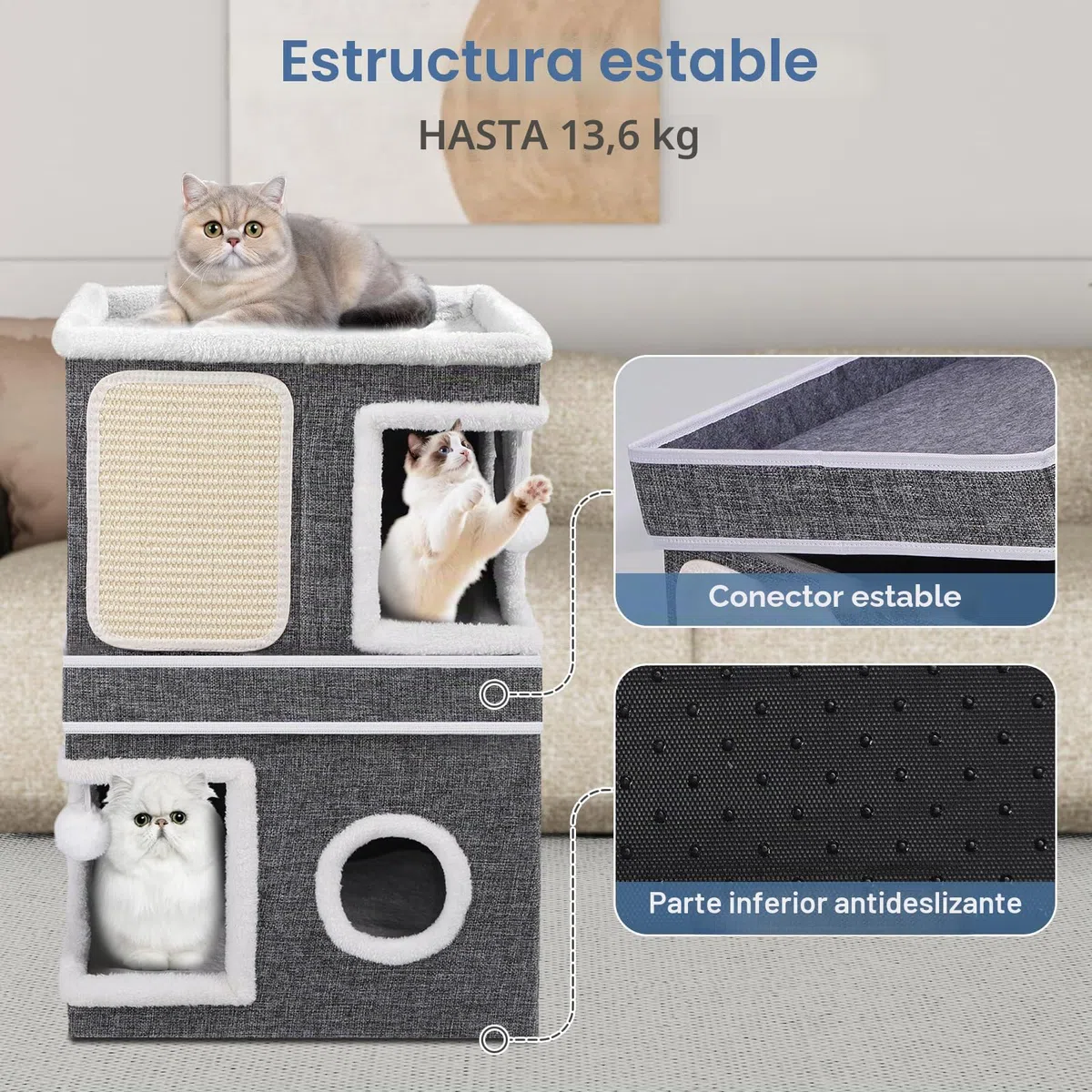 Casa para gatos de 3 capas, cueva plegable para gatos grandes, 40 x 40 x 63 cm, cubo interior para gatos, divisible en 2 grandes cuevas para gatos con escondite para gatos, cama grande para gatos con