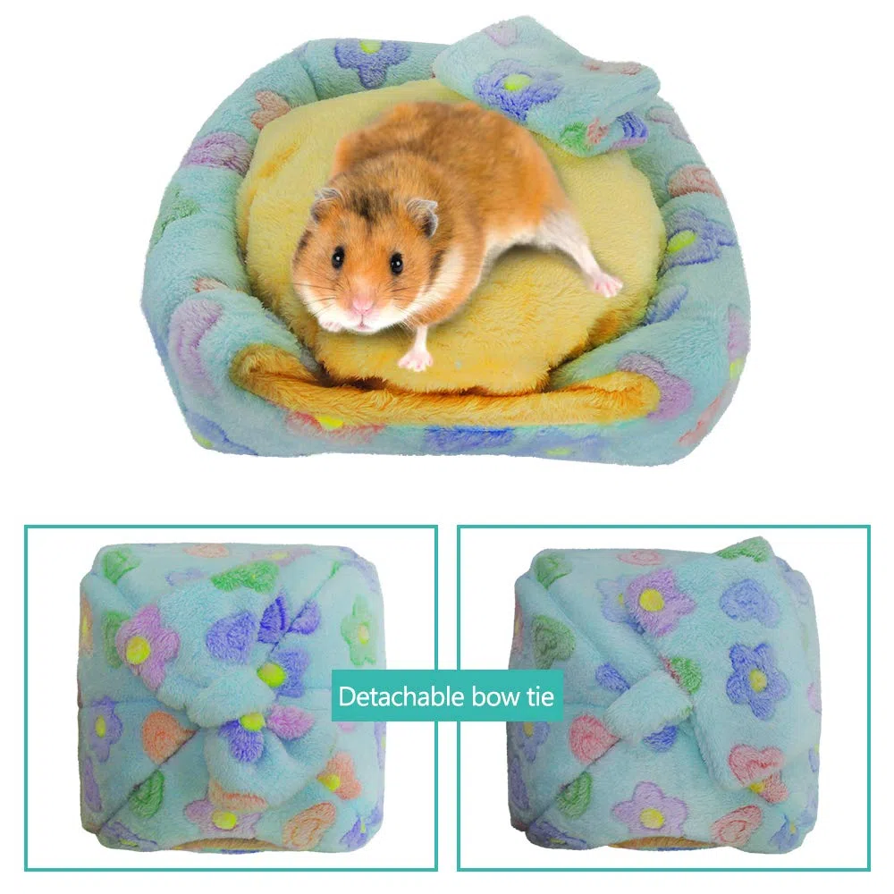HOMEYA Cama para mascotas pequeñas, nido de hábitat para conejillo de indias, hámster, erizo, rata, chinchilla, escondite, saco de dormir, accesorios de jaula con alfombrilla extraíble lavable (azul)