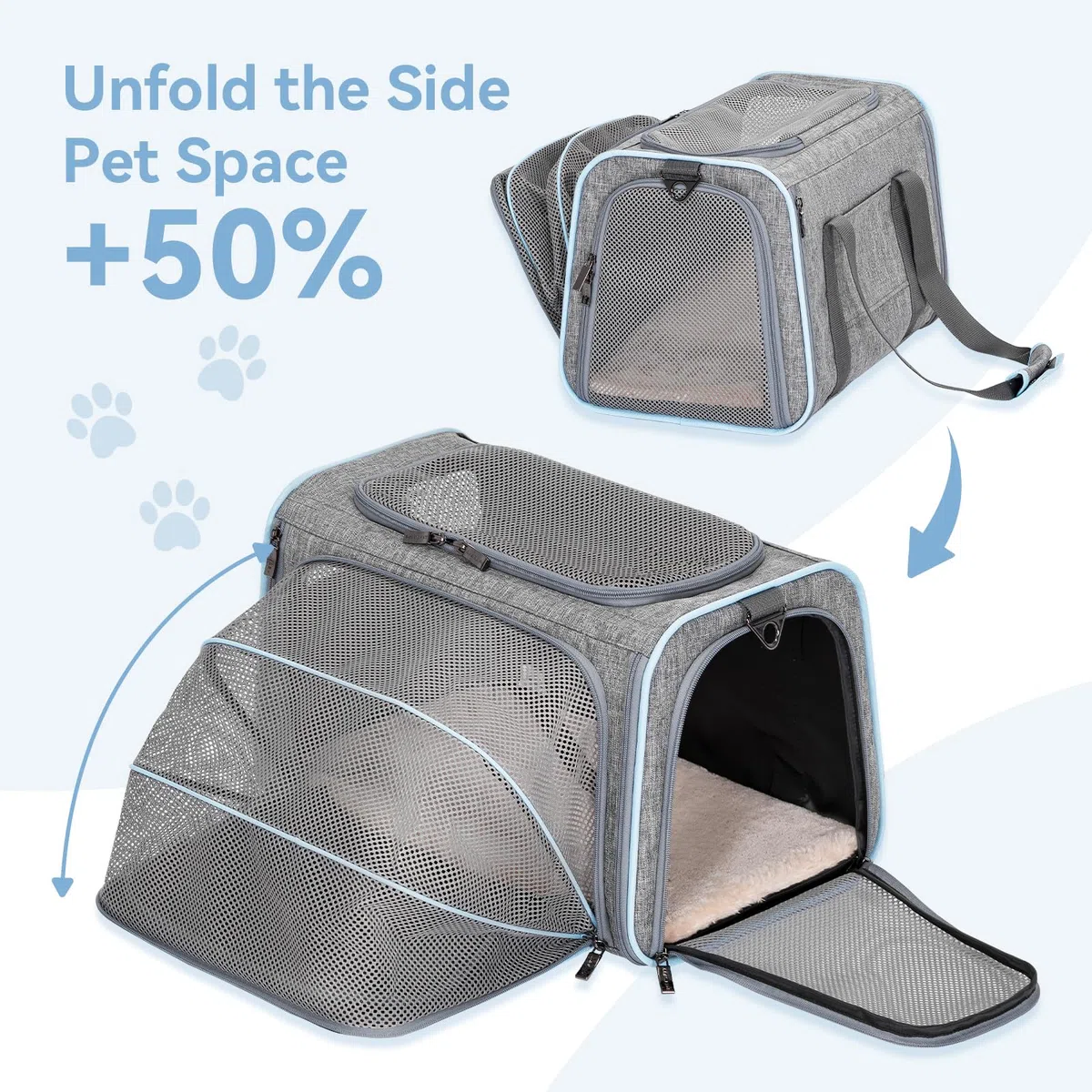 Petsfit - Transportín ampliable para perros, con forro polar, apto para la mayoría de aerolíneas, equipaje de mano, suave, plegable, con bolsillos