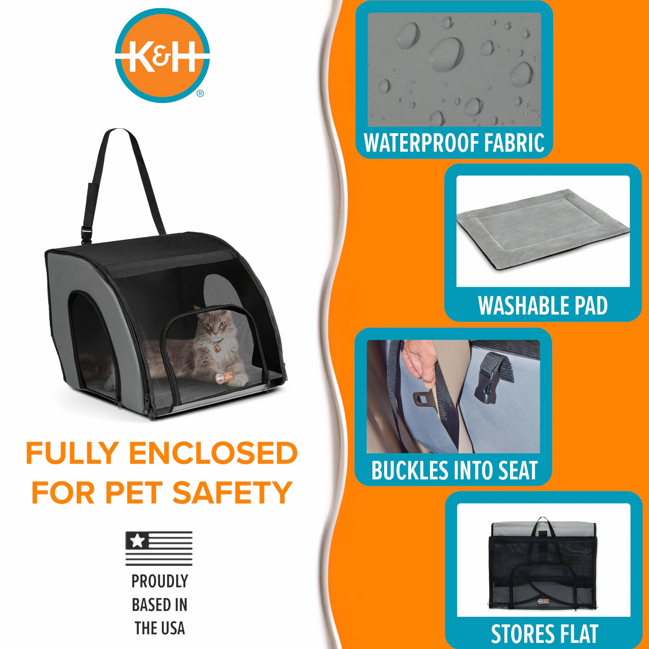 K&H Pet Products - Asiento de Coche Cerrado para Perros y Gatos, transportador de Seguridad de Viaje para Mascotas, Asiento de Coche de Viaje para Perros, transportador de Gatos Cubierto de Lados
