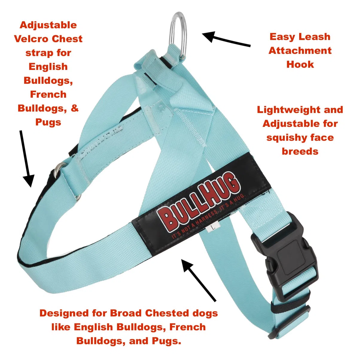 BULLHUG Arnés ajustable para perro, sin tirones, sin estrangulamiento, para bulldogs ingleses, bulldogs franceses, pugs y razas de pecho ancho, paseos fáciles y seguros (negro, mediano)