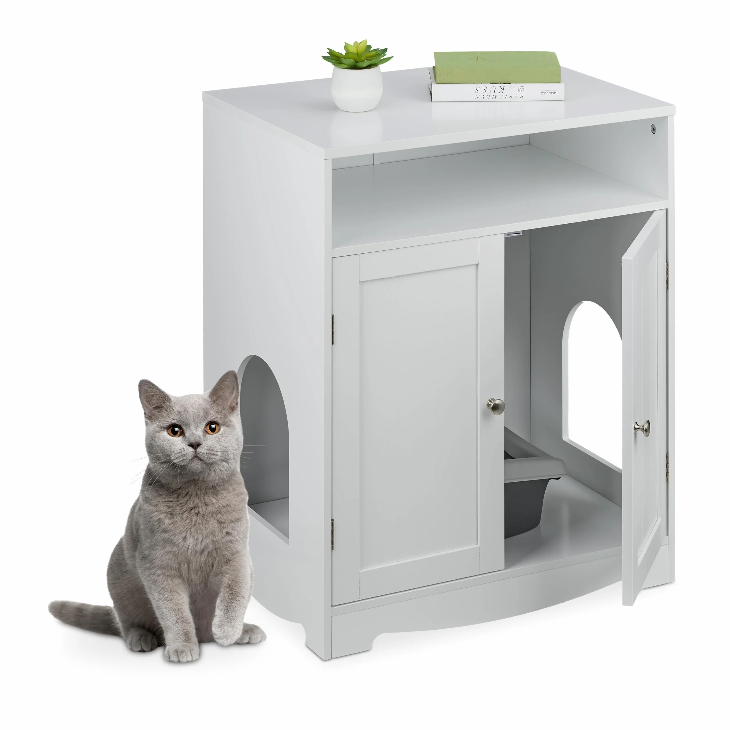 Relaxdays Mueble Arenero de Gato, Armario con 2 Entradas, Compartimento Abierto, 73,5 x 60 x 43,5 cm, Refugio, Blanco