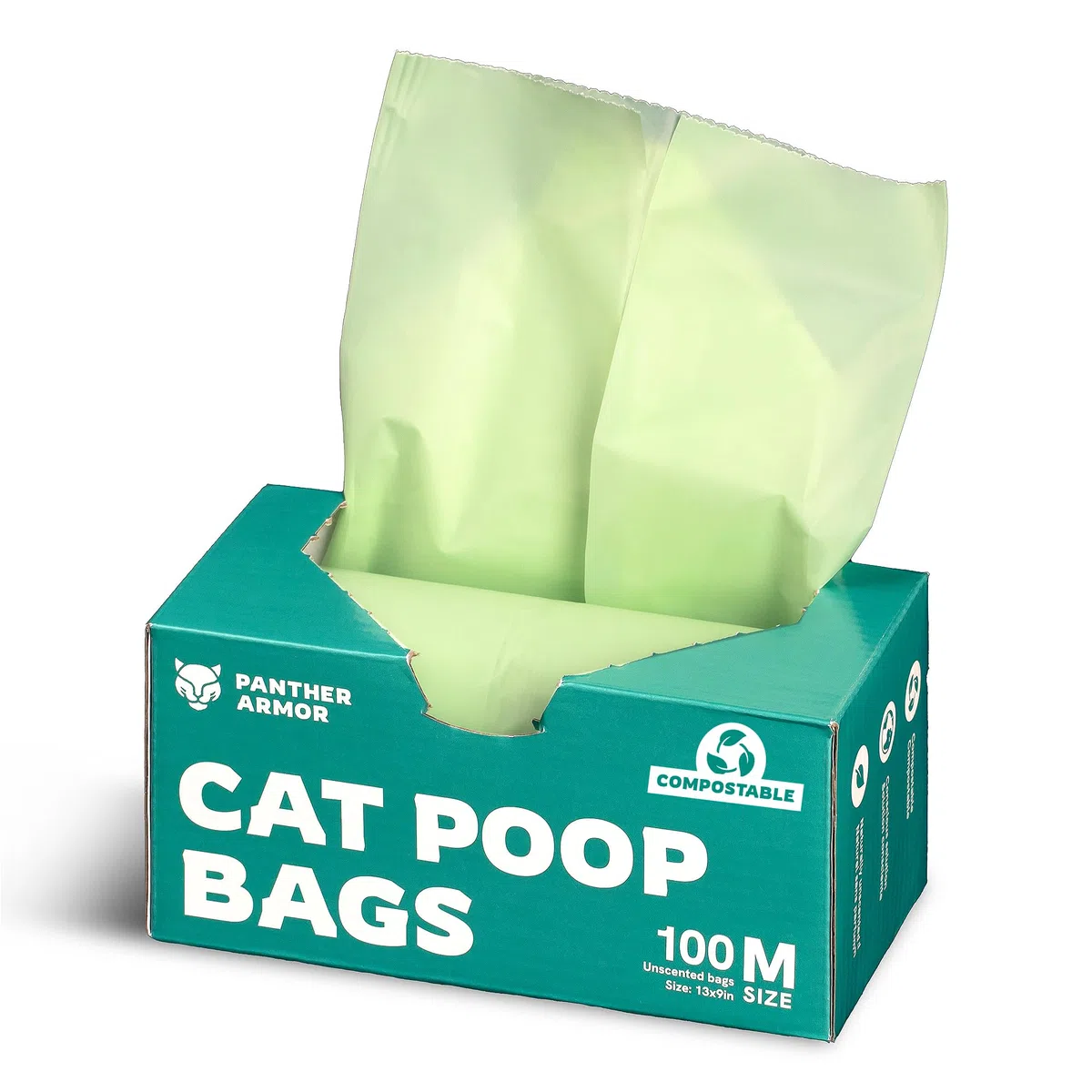 Panther Armor Bolsas para excremento de gato, 100 bolsas de basura para mascotas sin perfume, bolsas de arena para gatos de 13 x 9 pulgadas, bolsas de arena para gatos a prueba de fugas para