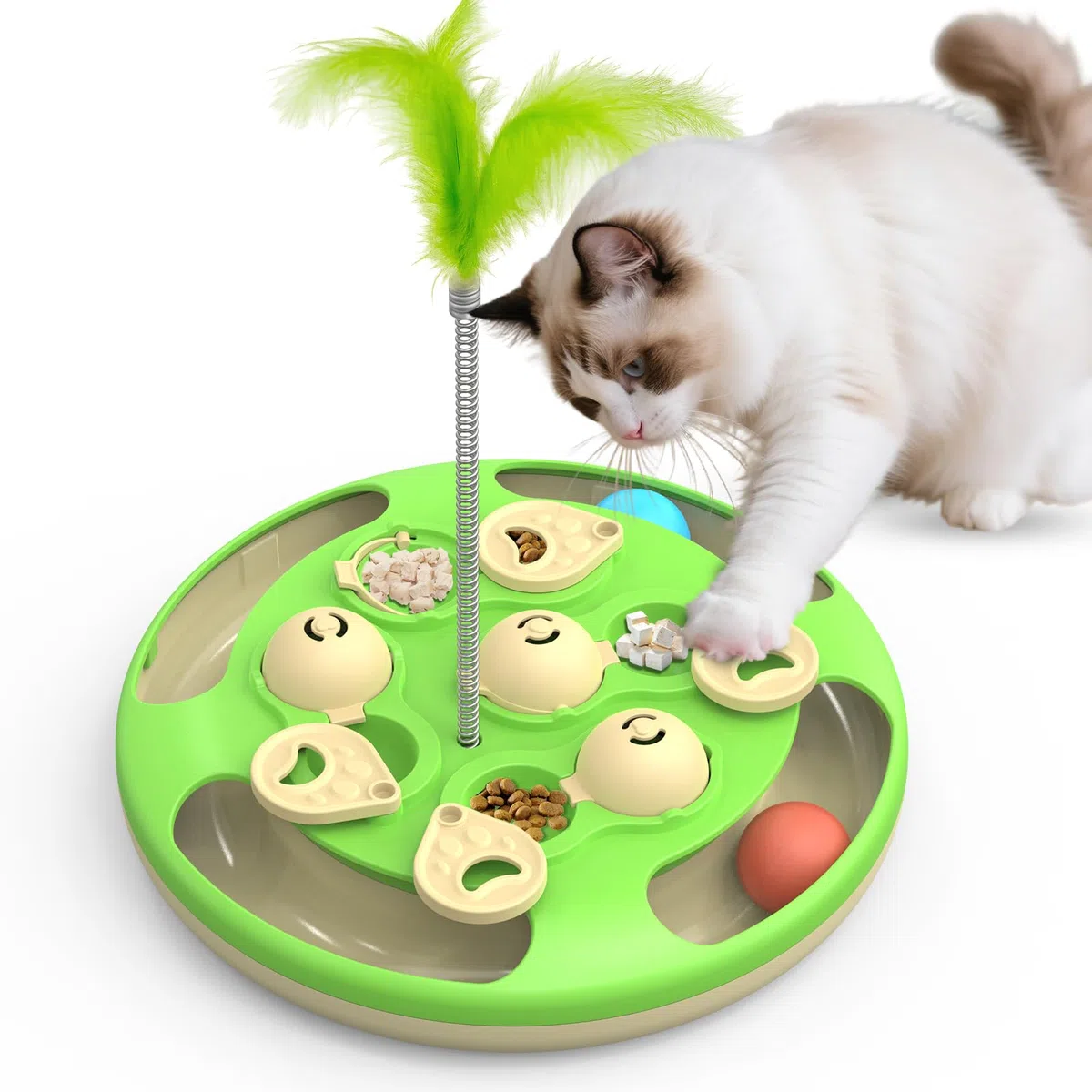 Juguete interactivo para gatos nivel 3 en 1 con bolas de seguimiento de pluma y alimentador | Base antideslizante | Enriquecimiento mental para gatos de interior | Regalo para gatitos, verde