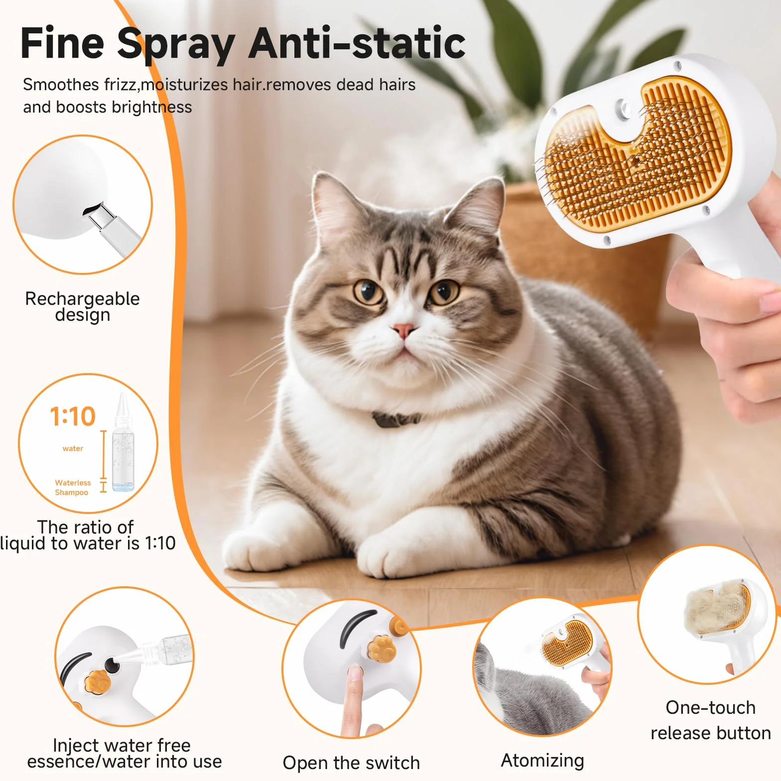 Cepillo de vapor para mascotas para perros y gatos, peine de depilación en aerosol 3 en 1, vapor para desprendimiento y aseo, cepillo de agua para mascotas de pelo largo y corto, peine Spritz Defur