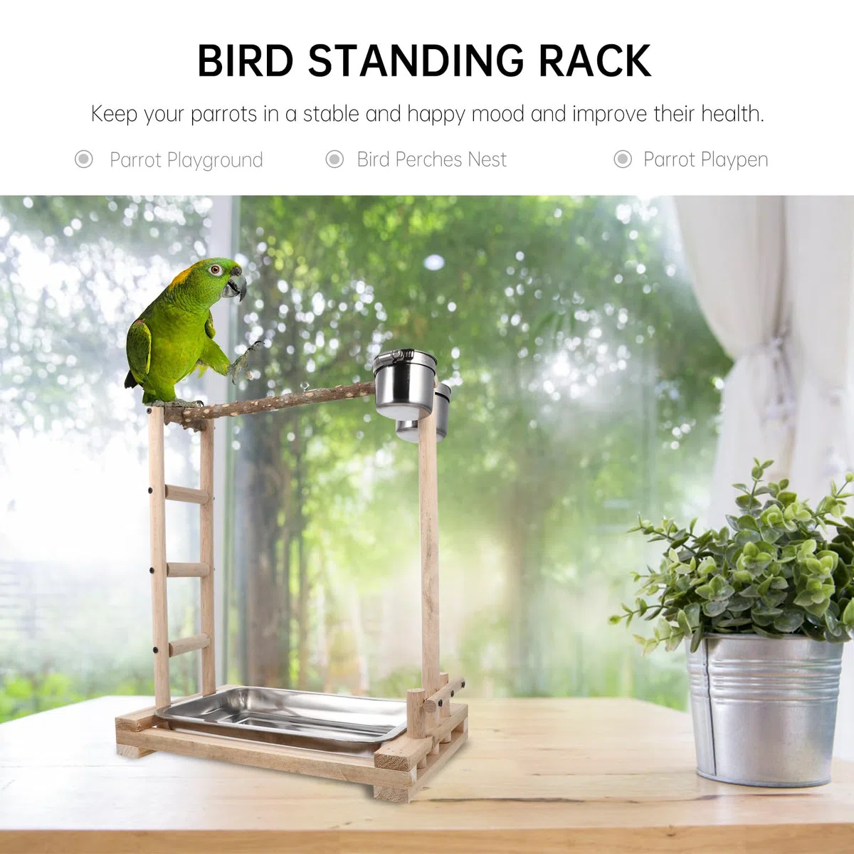TOYANDONA Soporte para Mediano con Comedero Inoxidable y Escalera de Madera Juguete para Aves Que Ejercicio y Cuidado Dental Accesorio Seguro y Duradero para Jaulas de Pájaros
