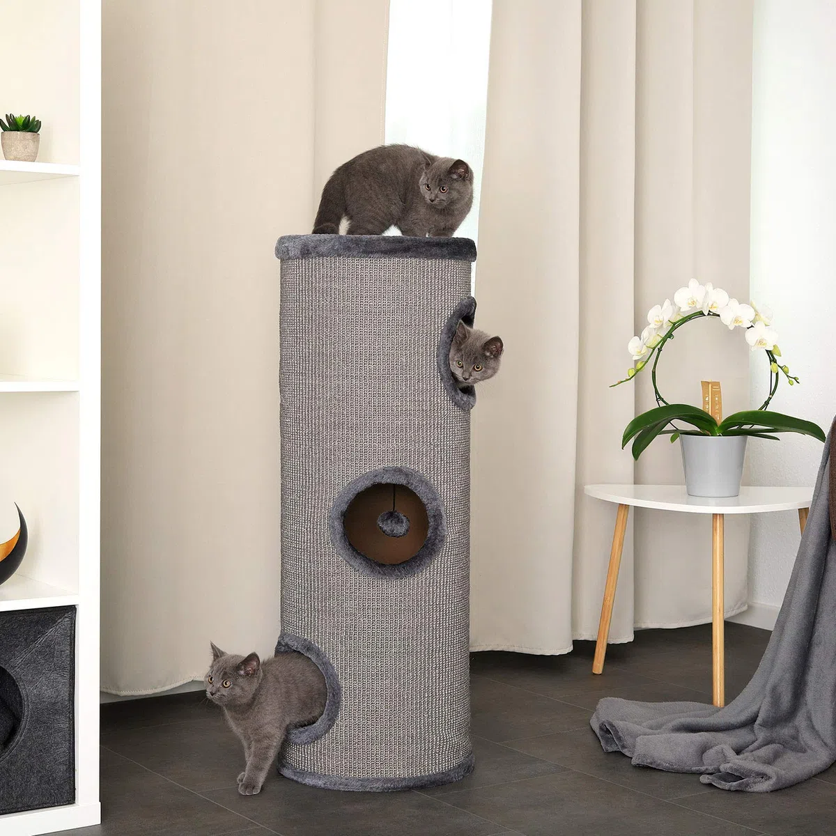lionto Rascador de sisal con Pelota y Borde de Peluche, 100 cm de Alto, árbol rascador Estable para Gatos Grandes y pequeños, Ideal para uñas, Entretenimiento y escondites, Ø 36 cm, Gris