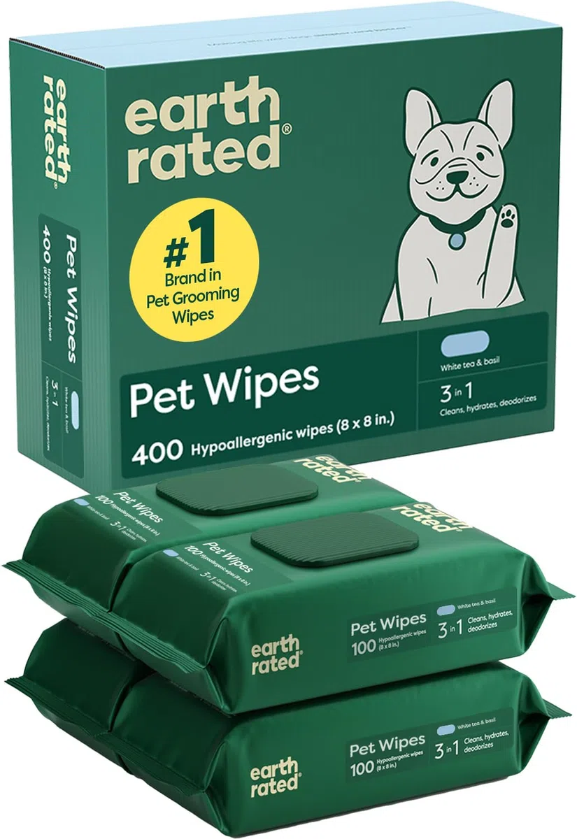 Earth Rated Toallitas para mascotas para perros y gatos, hipoalergénicas, limpieza 3 en 1, desodorizante e hidratante, para las patas de aseo, cuerpo y trasero, nuevo té blanco y albahaca escente, 400