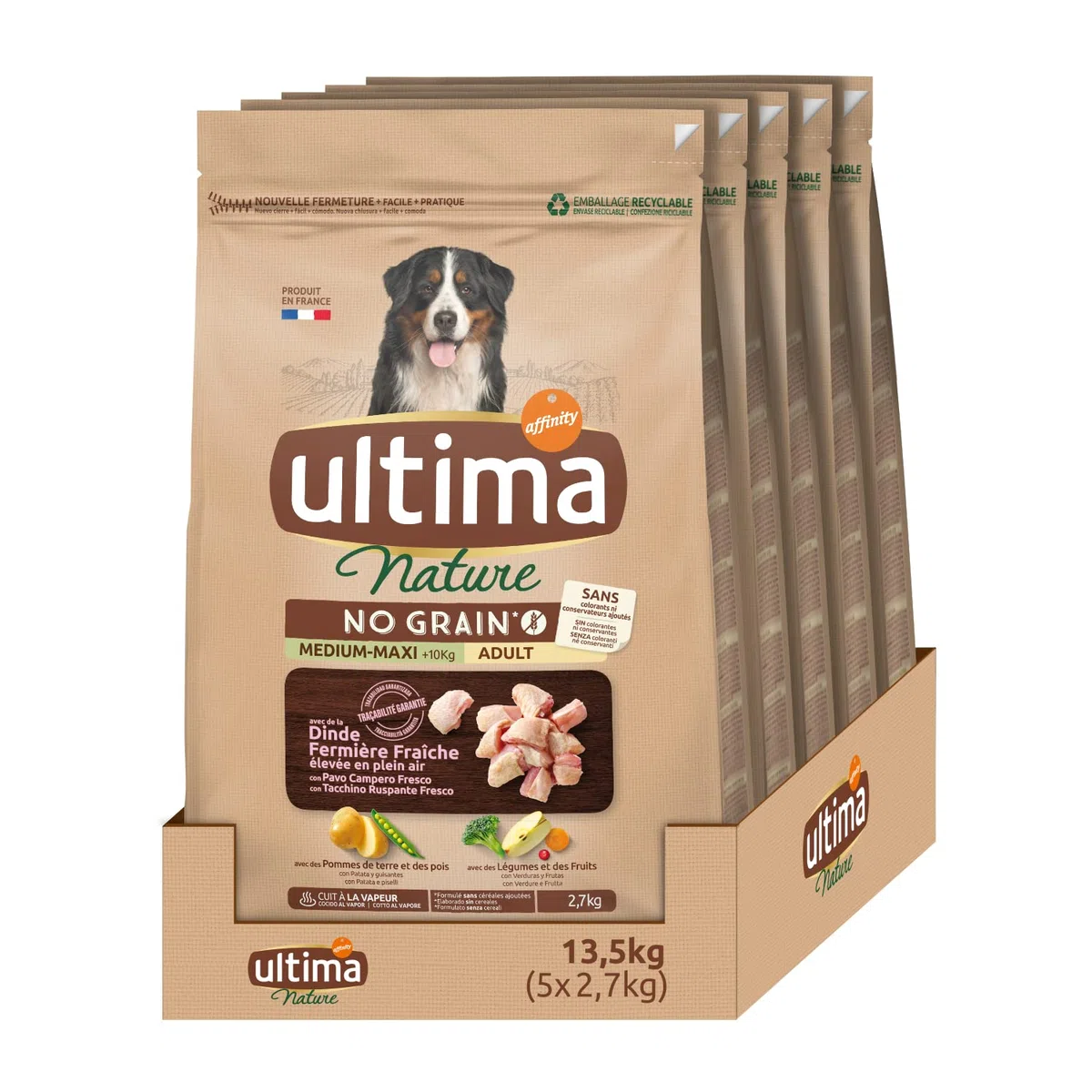 Ultima Nature No Grain Pienso para Perros Medium-Maxi sin Cereales con Pavo, Pack de 5 x 2.7kg - Total: 13.5kg
