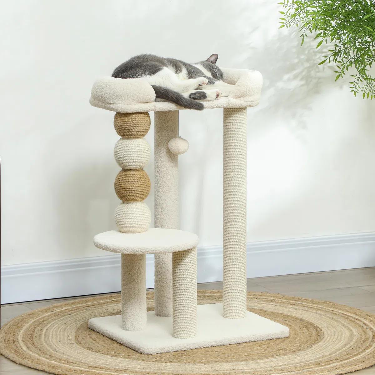 PawHut Árbol Rascador para Gatos Torre Escalador 76 cm Beige | Árbol para Gatos, con Cama, Plataforma de Salto, Postes de Yute, Bolas de Juguete