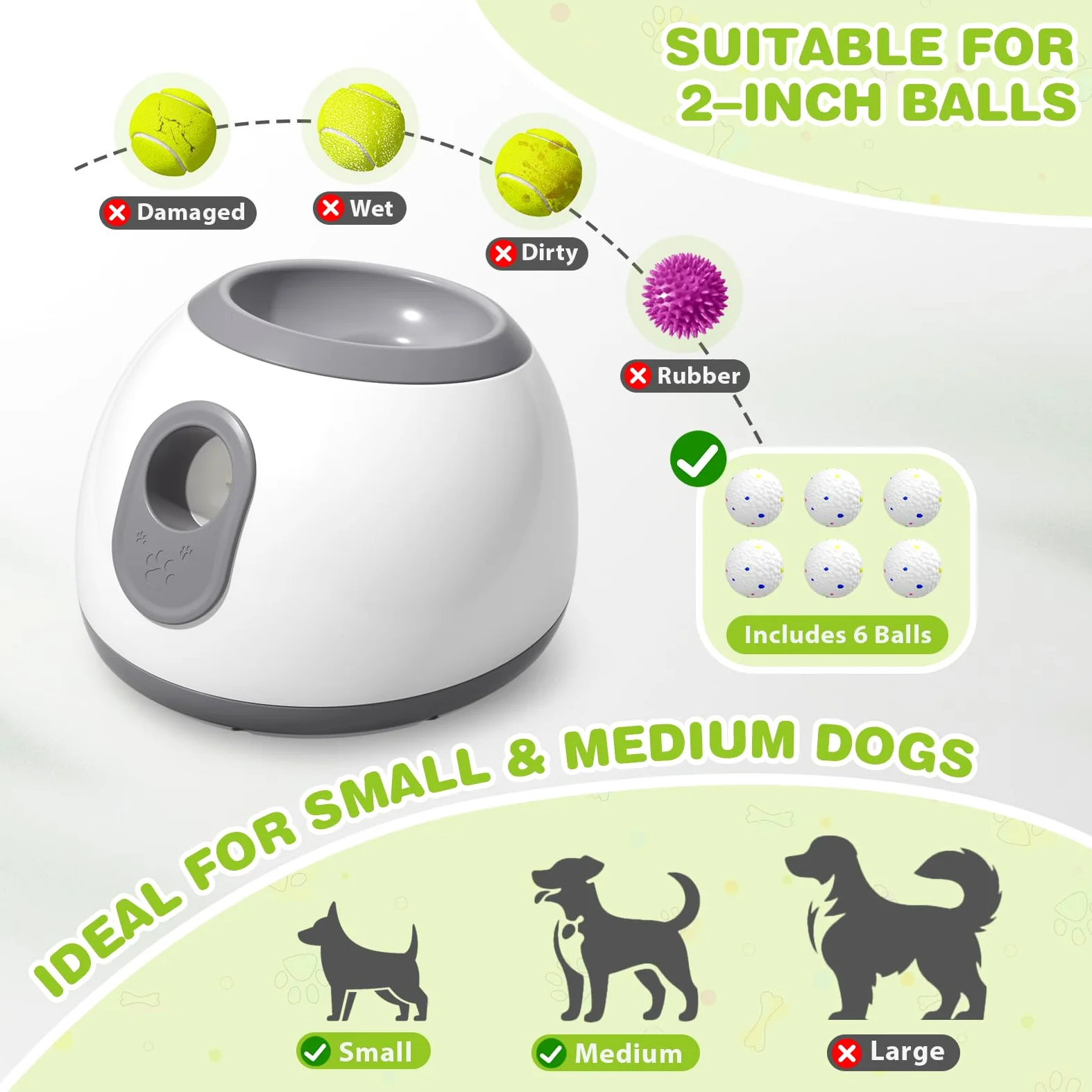 Lanzador de Pelotas para Perros，Lanza Pelotas Perro con 6 Pelotas de Tenis de 2''，Pelota interactiva Perro Distancia Ajustable 10/20/30ft para Interior y Exterior