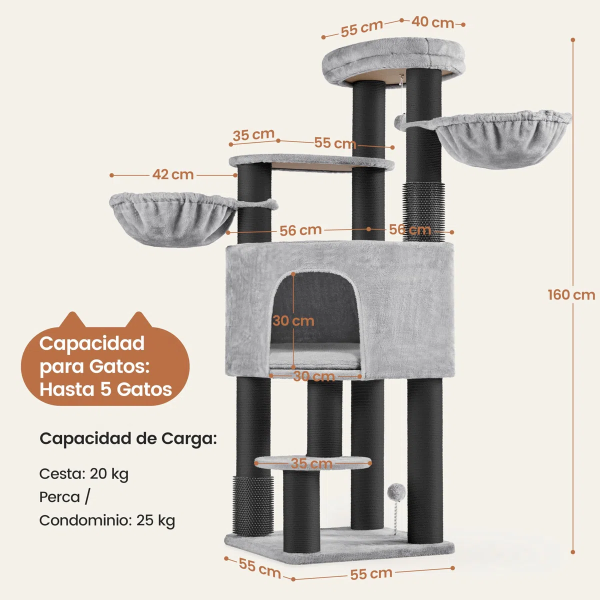 Árbol para Gatos Multinivel Torre Rascadora para Gatos con Postes Rascadores Gruesos 2 Cepillos Rodillos Percas Condominio Cestas Bola Colgante para Gatos Grandes Gris Claro/Negro